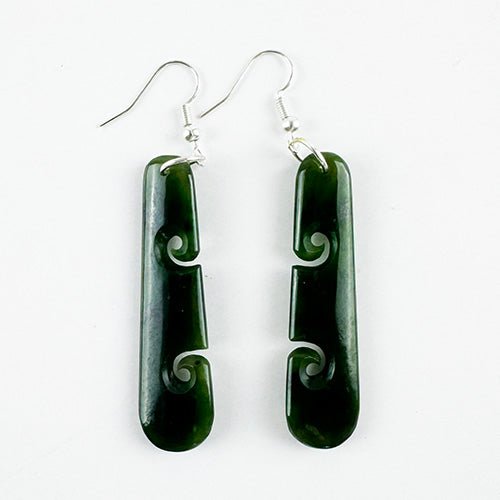 5cm Genuine NZ Greenstone Drop Earrings with Two Cutout Koru - ShopNZ