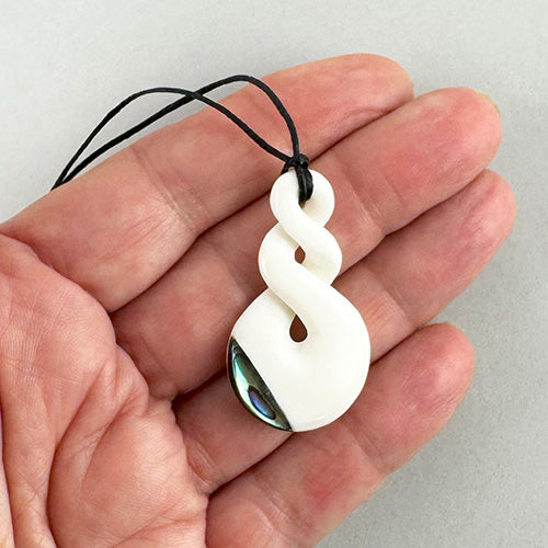 Double Twist Maori Bone Necklace with Paua Trim