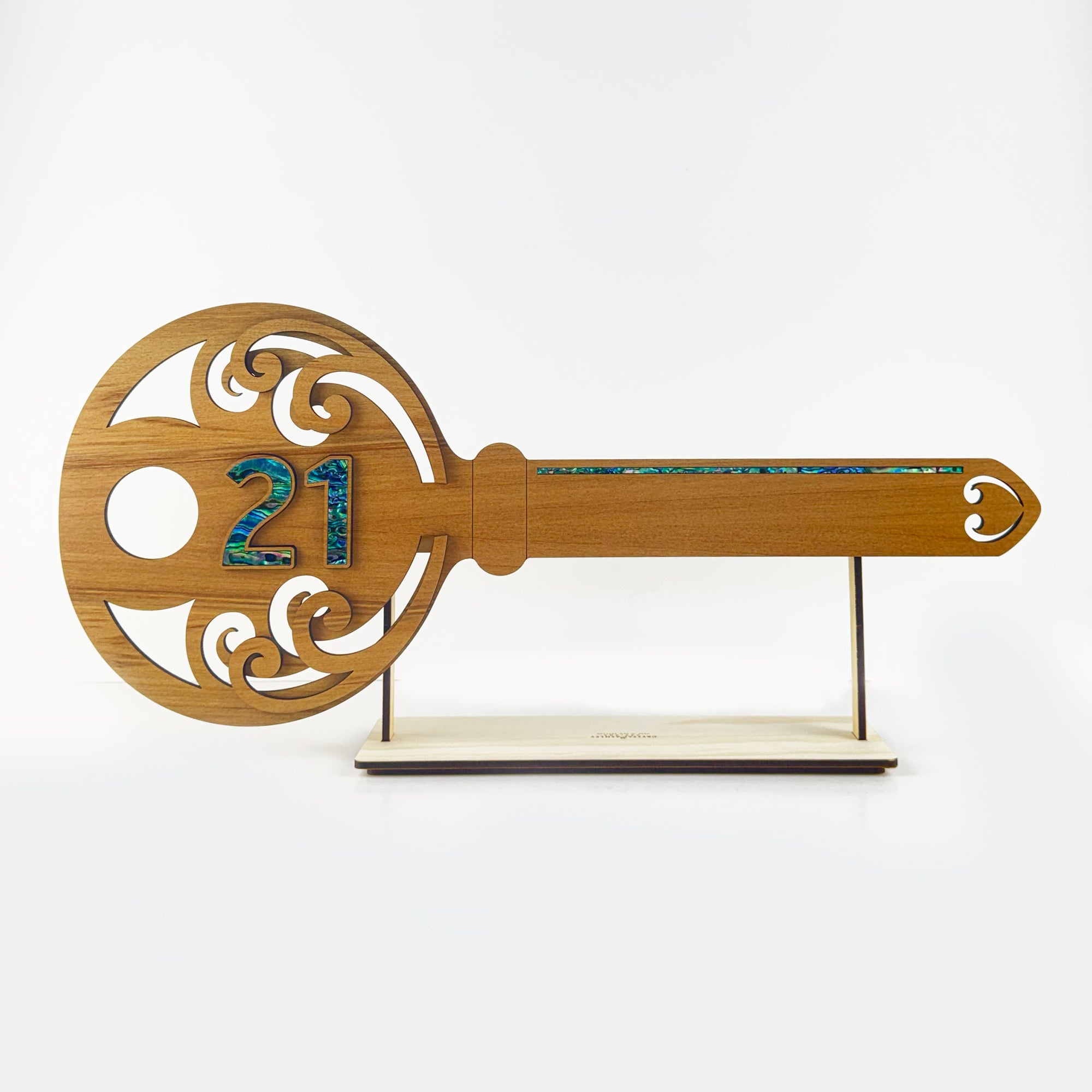 Elegant NZ Made Rimu and Paua 21st Key with Koru
