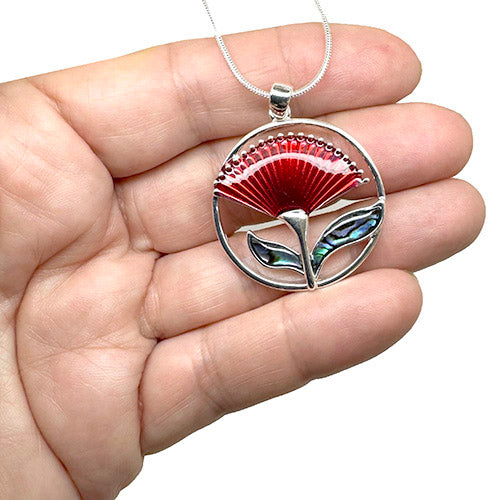 Pretty Silver and Paua Pohutukawa Necklace