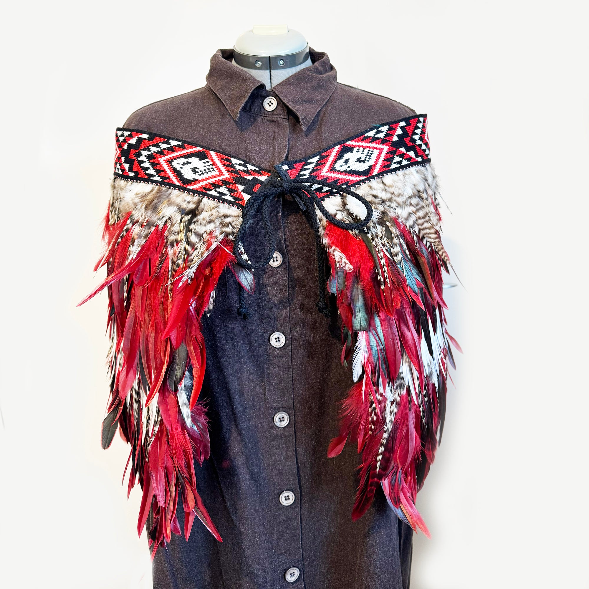 Red Black White and Striped Feather Māori Korowai Cape