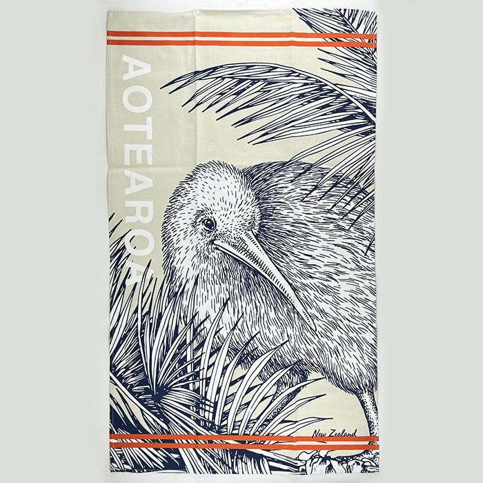 Aotearoa NZ Kiwi Bird Tea Towel in Orange Navy and Beige - ShopNZ
