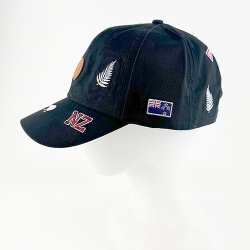 Black Souvenir NZ Cap with Embroidered Icons - ShopNZ