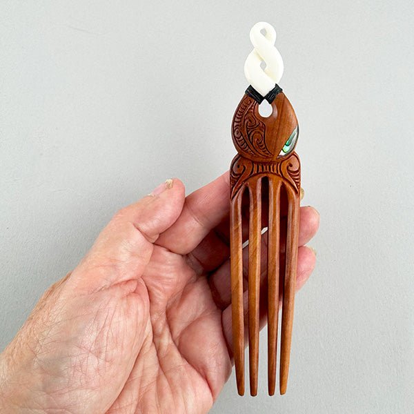 Bone and Wood Maori Heru Comb with Pikorua - ShopNZ