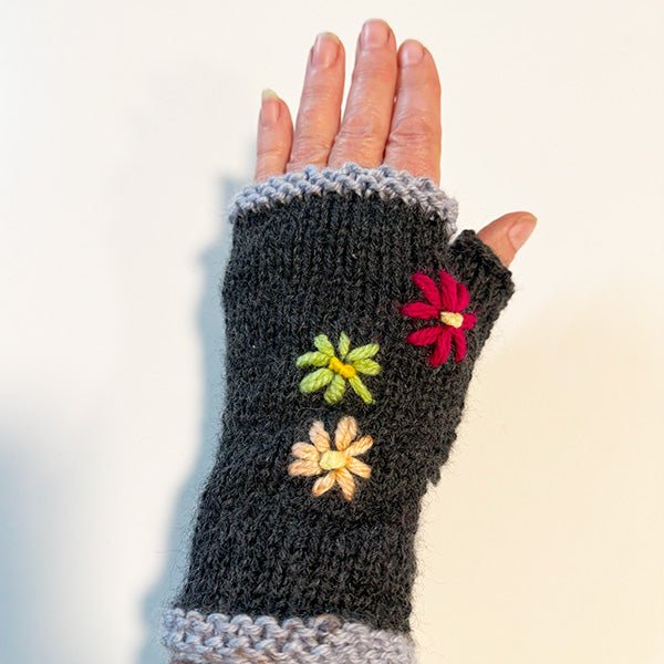 Charcoal Wool Fingerless Gloves with Pretty Embroidery - ShopNZ