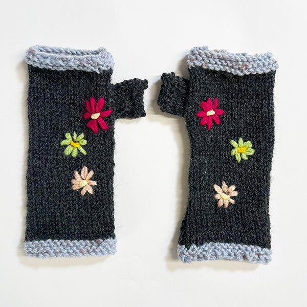 Charcoal Wool Fingerless Gloves with Pretty Embroidery - ShopNZ