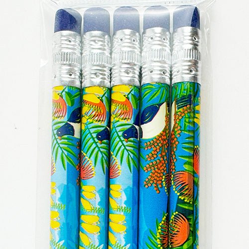 Cute Set of 5 Pencils with Native NZ Birds and Flowers Design - ShopNZ