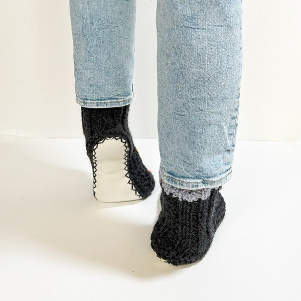 Embroidered Charcoal Wool and Sheepskin Fleece Slipper Socks - ShopNZ