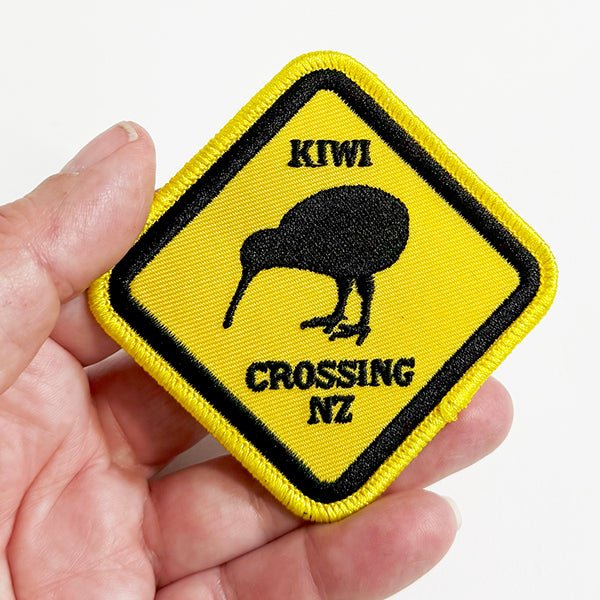 Fun Kiwi Crossing Road Sign Iron On Patch - ShopNZ