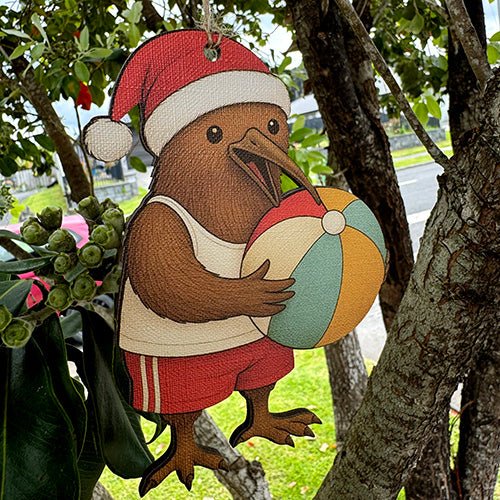Fun Santa Kiwi with Beach Ball Christmas Ornament - ShopNZ