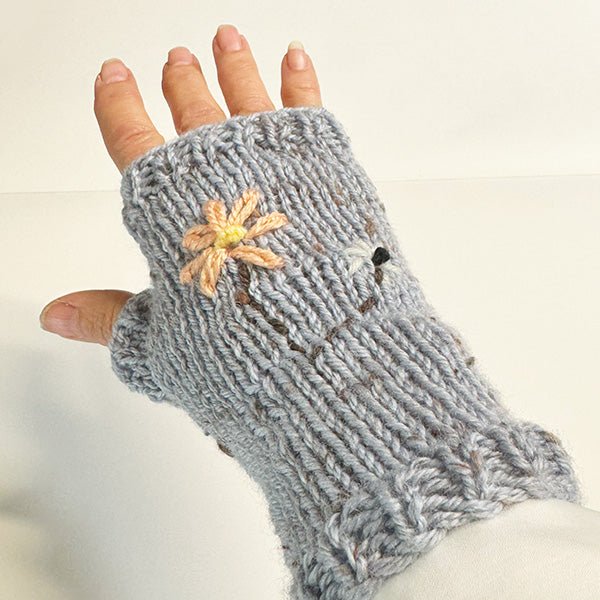 Handmade Grey Wool Fingerless Gloves with Pretty Flower Embroidery - ShopNZ
