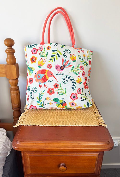 Large and Pretty NZ Birds and Flowers Shopping Bag - ShopNZ