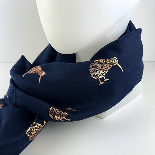 Lovely Navy Scarf Covered with Rose Gold Kiwi Birds - ShopNZ