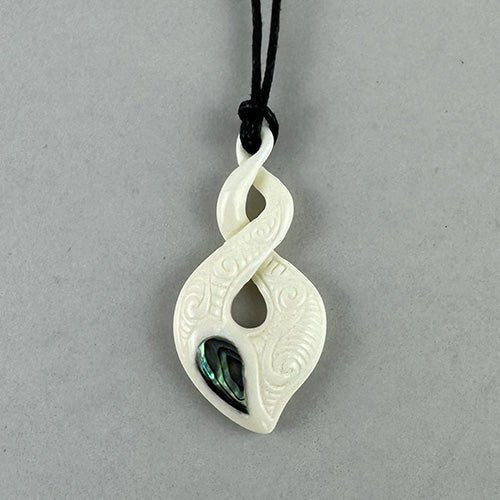 Maori Bone Love Twist Necklace with Paua and Surface Carving - ShopNZ