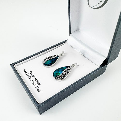 Paua Koru Drop Earrings with Palladium Plating for Sensitive Ears - ShopNZ