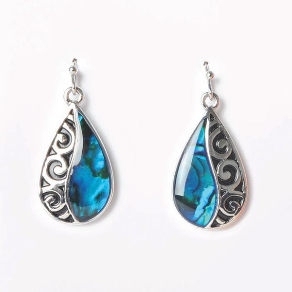 Paua Koru Drop Earrings with Palladium Plating for Sensitive Ears - ShopNZ