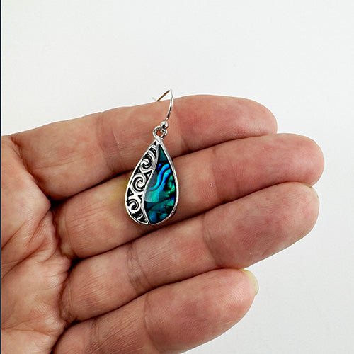 Paua Koru Drop Earrings with Palladium Plating for Sensitive Ears - ShopNZ