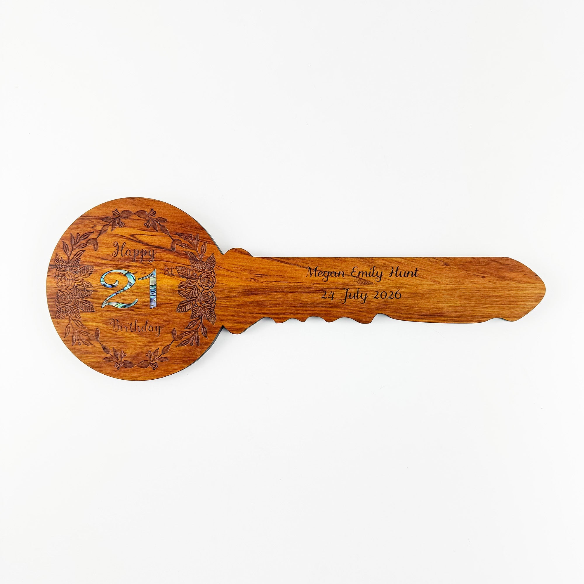 Pretty Floral NZ Rimu and Paua 21st Birthday Key - ShopNZ