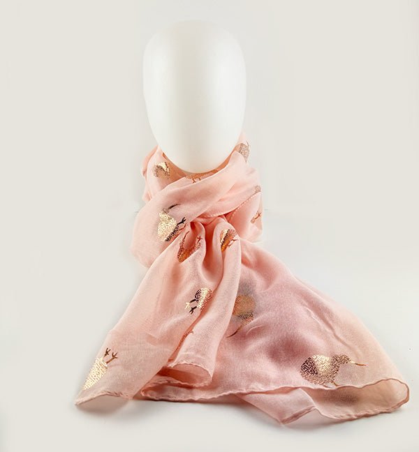 Pretty Soft Pink Scarf with Sparkly Kiwi Birds - ShopNZ