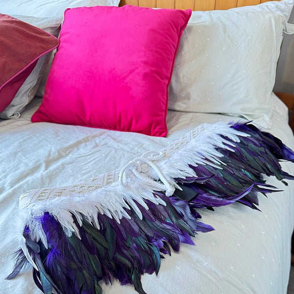 Short Purple and White Maori Korowai with White and Gold Taniko - ShopNZ