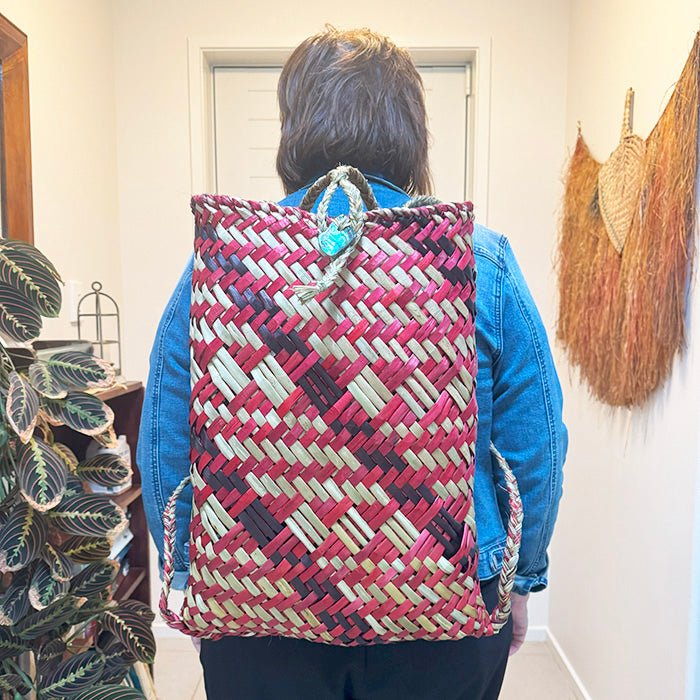 Teal and Natural Maori Flax Kete Backpack - ShopNZ