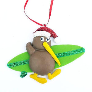 Clay Santa Kiwi with Surfboard Xmas Ornament - ShopNZ