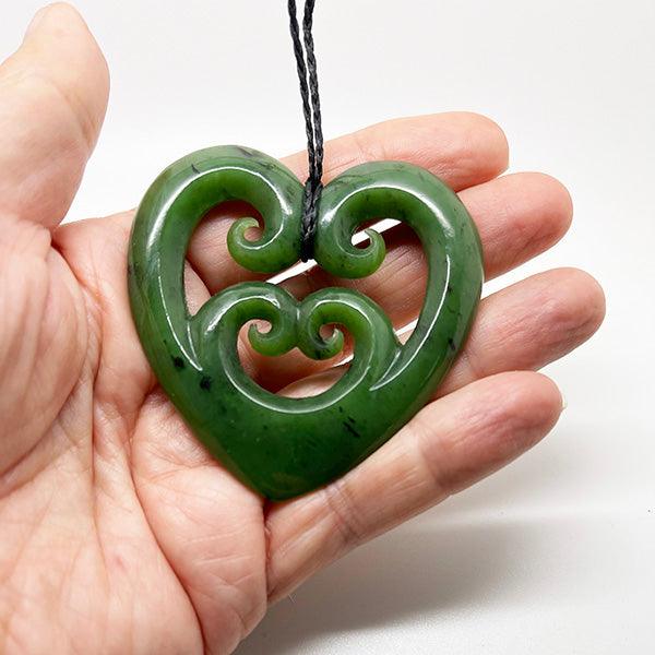 Medium Genuine NZ Greenstone Heart Necklace with 4 Koru - ShopNZ