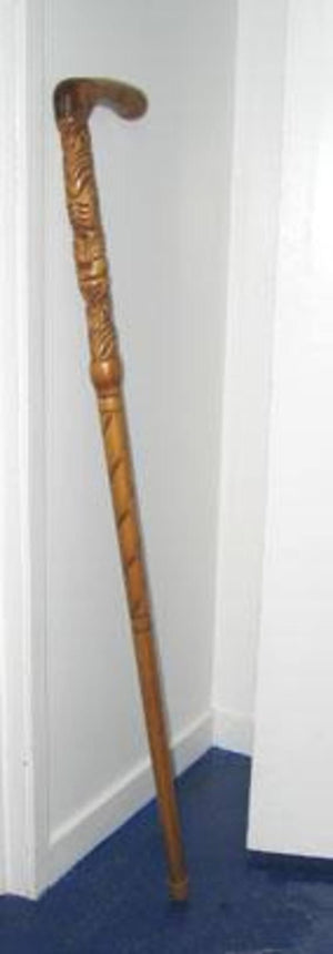 Maori Walking Stick with Curved Handle and Tiki Carving - ShopNZ