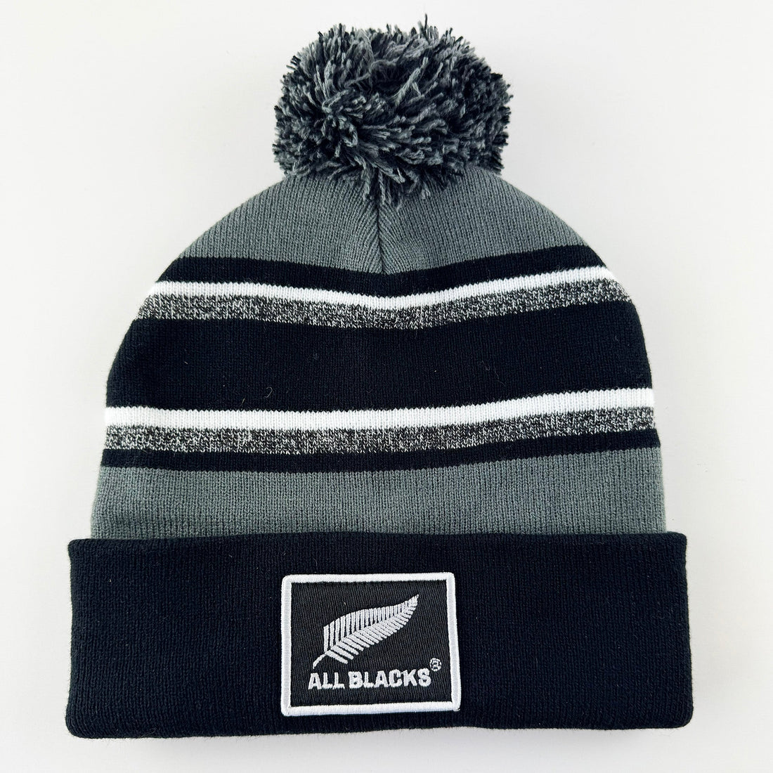 2026 Grey White and Marl All Blacks Rugby Pompom Beanie with Embroidered Badge - ShopNZ