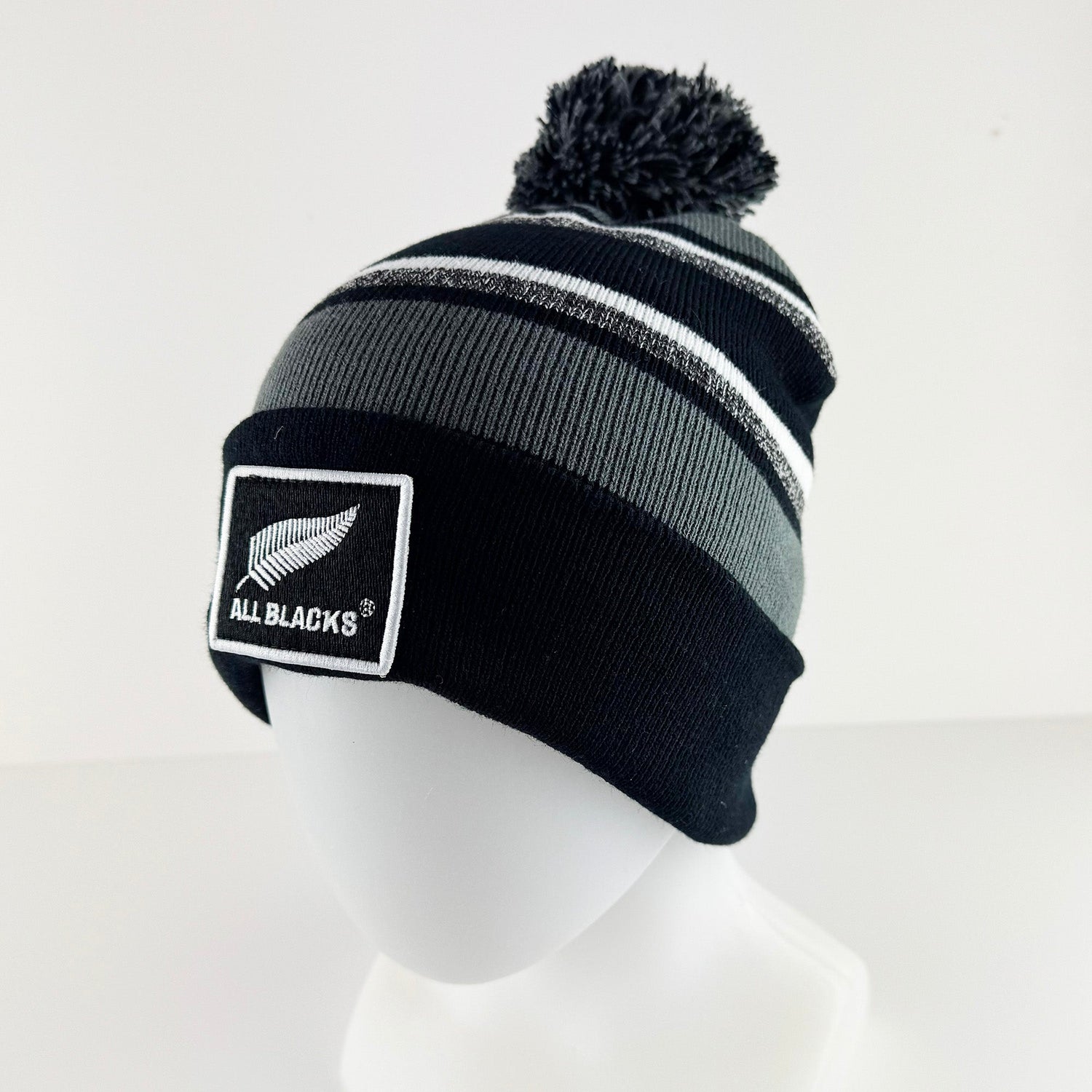 2026 Grey White and Marl All Blacks Rugby Pompom Beanie with Embroidered Badge - ShopNZ