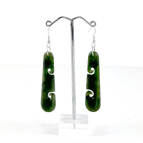 5cm Genuine NZ Greenstone Drop Earrings with Two Cutout Koru - ShopNZ