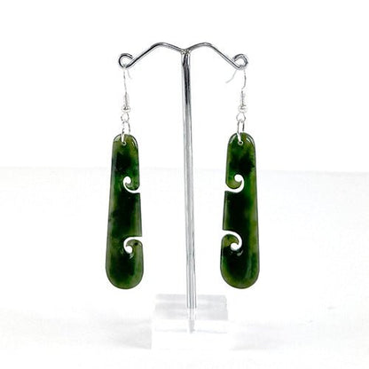 5cm Genuine NZ Greenstone Drop Earrings with Two Cutout Koru - ShopNZ
