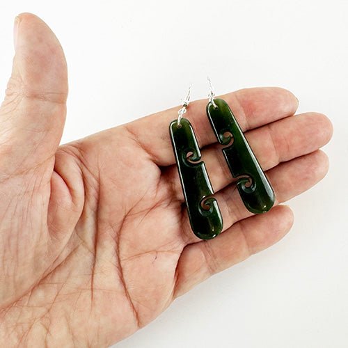 5cm Genuine NZ Greenstone Drop Earrings with Two Cutout Koru - ShopNZ