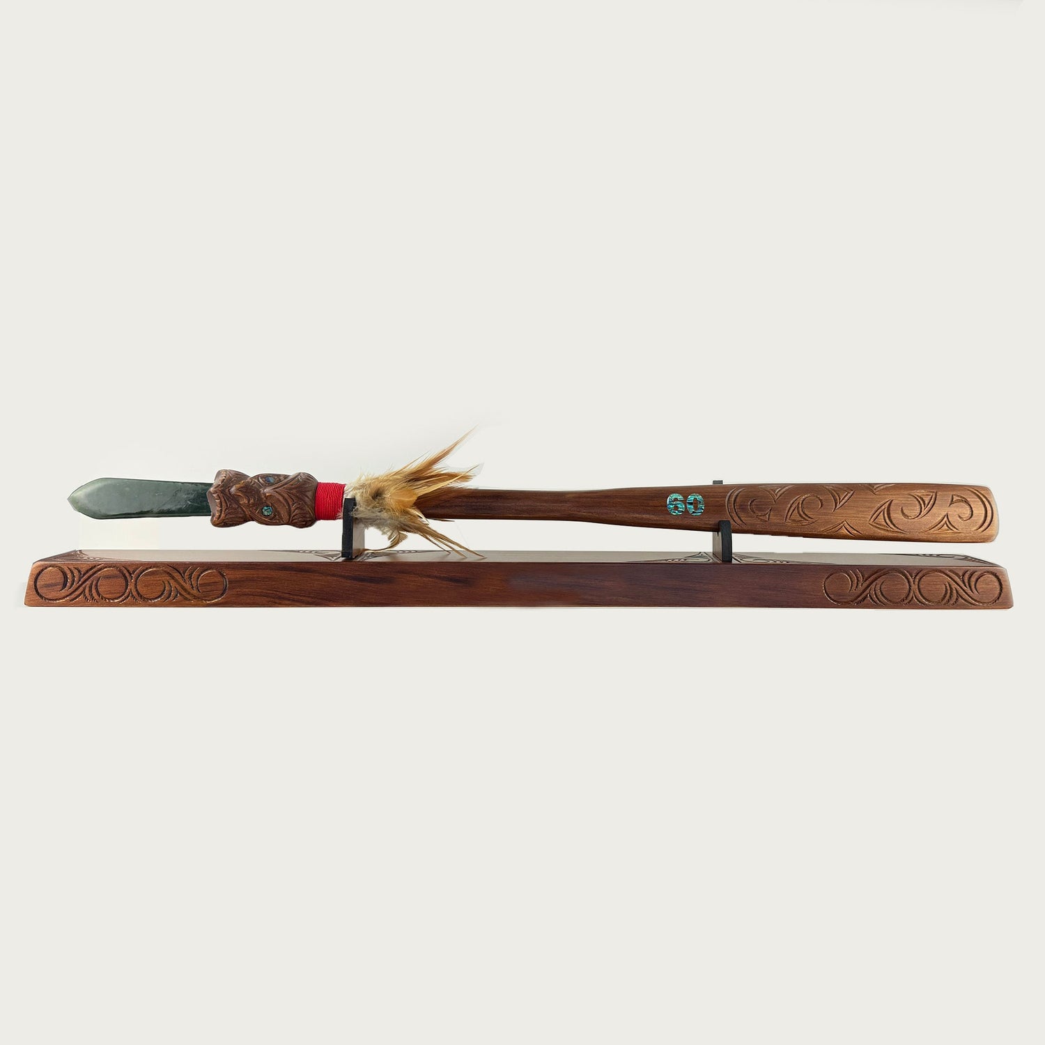 60th Birthday Māori Taiaha with Greenstone Tongue on Stand - ShopNZ