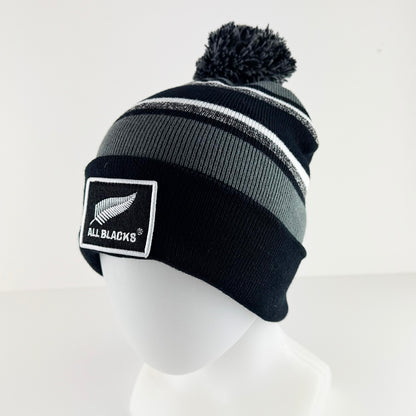 2026 Grey White and Marl All Blacks Rugby Pompom Beanie with Embroidered Badge