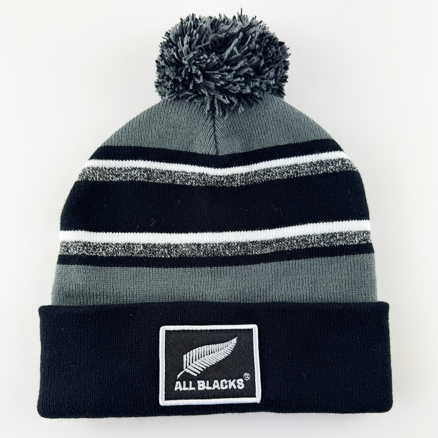 2026 Grey White and Marl All Blacks Rugby Pompom Beanie with Embroidered Badge