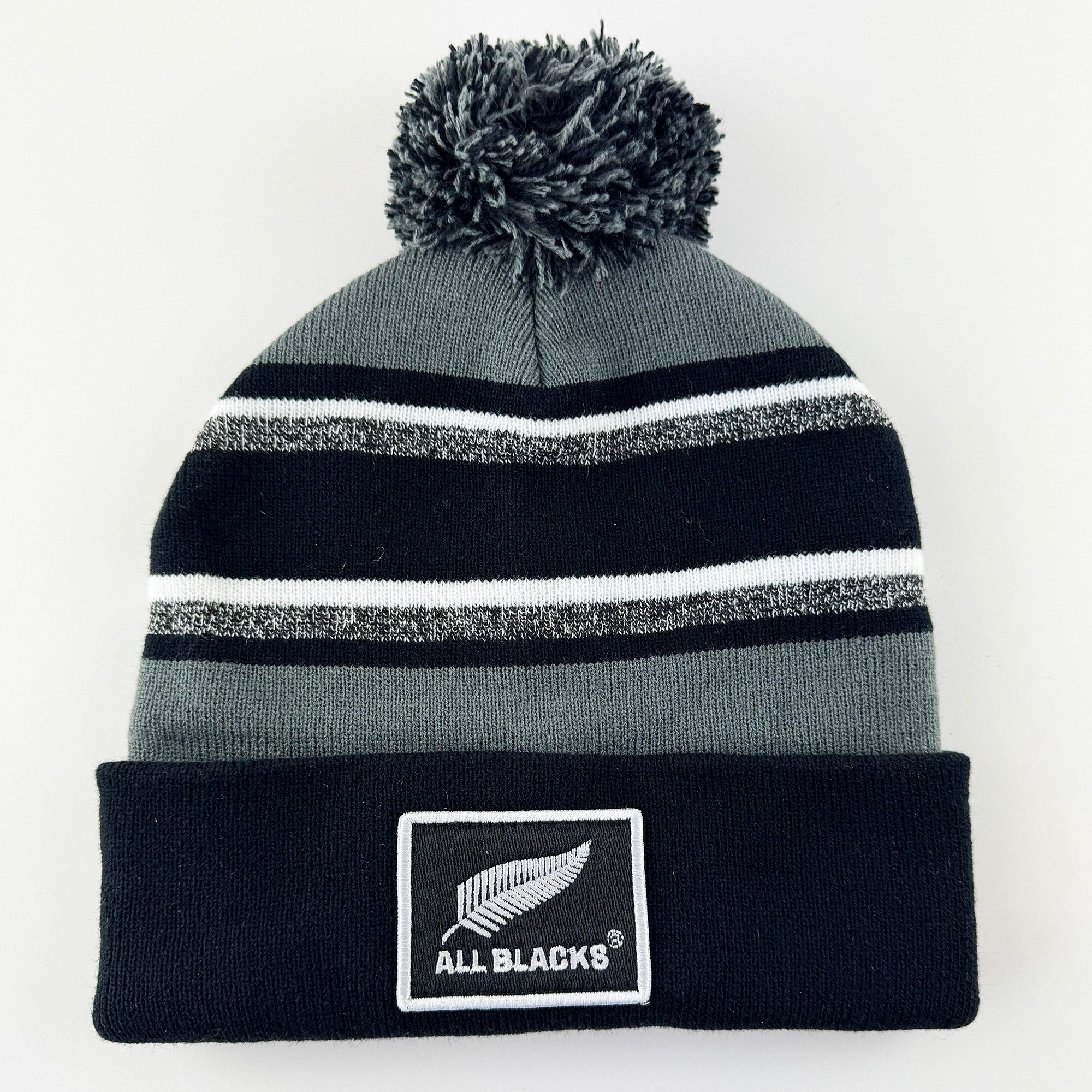 2026 Grey White and Marl All Blacks Rugby Pompom Beanie with Embroidered Badge