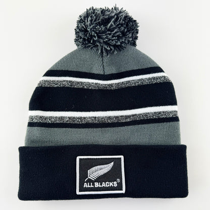 2026 Grey White and Marl All Blacks Rugby Pompom Beanie with Embroidered Badge