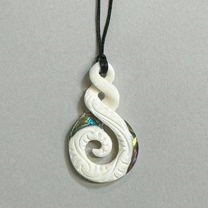 Maori Bone Double Twist Necklace with Carving and Paua Trim - ShopNZ