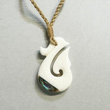 Maori Bone Hook Necklace with Paua and String Cord - ShopNZ