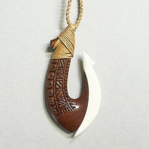 Bone and Wood Hook Necklace with Polynesian Carving - ShopNZ
