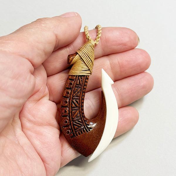 Bone and Wood Hook Necklace with Polynesian Carving – ShopNZ