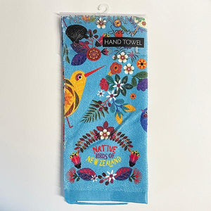 Pretty Turquoise Blue NZ Birds and Flower Hand Towel - ShopNZ