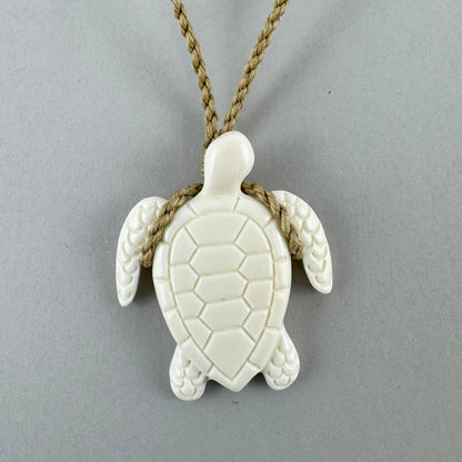 Carved Bone Turtle Necklace with String Cord