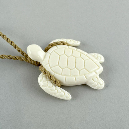 Carved Bone Turtle Necklace with String Cord