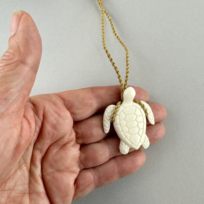 Carved Bone Turtle Necklace with String Cord