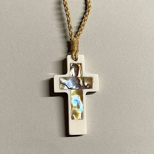 Bone and Paua Shell Cross Necklace