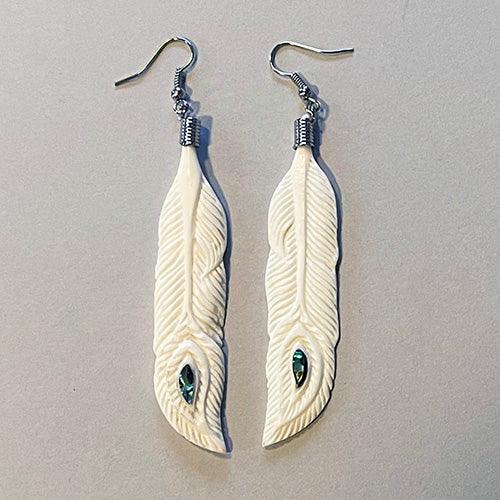 Intricately Carved Bone and Paua Shell Feather Earrings
