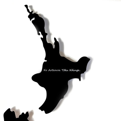 Large Black Map of NZ Wall Art with Ko Aotearoa Tōku Kāinga - New Zealand is my Home