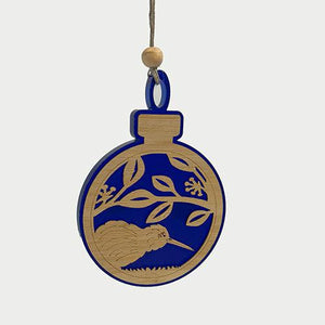 Dark Blue NZ Made Kiwi and Pohutukawa Xmas Ornament - ShopNZ